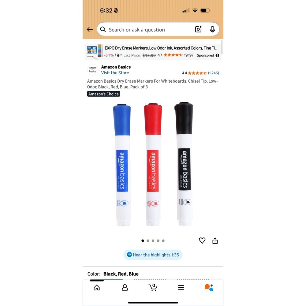 Amazon Basics Dry Erase Markers Chisel Tip Low Odor‎ Black Red Blue 3 Packs of 3 - Picture 5 of 8